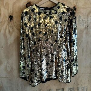 Vintage Scarlet Rage Black & Gold Polka Dot Sequined Peplum Top